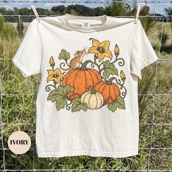 Other - Cottagecore Mouse Pumpkin T-Shirt, Autumn S Tee, Cute Botanical